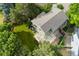 An aerial view displays a spacious backyard with lush lawn, a quaint patio, and mature trees surrounding the property at 10294 Spotted Owl Ct, Highlands Ranch, CO 80129