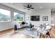 Comfortable living room featuring hardwood floors, modern furniture, and expansive windows with picturesque mountain views at 265 Upper Glenway, Palmer Lake, CO 80133