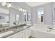 Bright bathroom features a dual sink vanity and soaking tub with a window at 10546 Graymont Ln # D, Highlands Ranch, CO 80126