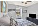 A bedroom with neutral walls, a ceiling fan, and a plaid comforter at 10546 Graymont Ln # D, Highlands Ranch, CO 80126