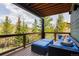 Outdoor deck with a blue lounge suite, natural light, and a forest view at 581 Fairview Blvd, Breckenridge, CO 80424