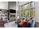 Comfortable living room featuring a modern fireplace, large windows and stylish furnishings at 581 Fairview Blvd, Breckenridge, CO 80424