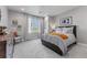 Well-lit bedroom with modern furniture, carpeted floor, and large window at 5591 Farrier Pt, Castle Rock, CO 80104