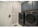 Modern laundry room equipped with LG washer and dryer, plus stylish cabinets at 3630 Mesa Verde Rd, Monument, CO 80132