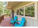 Cozy front porch with bright blue Adirondack chairs and picturesque views at 7256 Aspen Meadow Dr, Evergreen, CO 80439