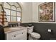Bathroom features a vanity with granite countertop, wainscotting and designer mirror and artwork at 6471 S Potomac Ct, Englewood, CO 80111