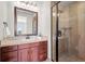 Bathroom featuring a single sink vanity and tiled shower at 9586 Silent Hills Ln, Lone Tree, CO 80124