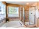 A bright bathroom features a soaking tub with jets, a glass shower, tile surround and natural light at 22261 Pebble Brook Ln, Parker, CO 80138