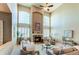 Spacious living room with high ceilings, a cozy fireplace, and abundant natural light at 22261 Pebble Brook Ln, Parker, CO 80138