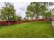 Expansive backyard with a lush green lawn, mature trees, and a wooden fence at 10154 W Hawaii Pl, Lakewood, CO 80232