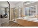 Well-lit bathroom with a glass shower, tub, and patterned glass block window at 1488 Baguette Dr, Castle Rock, CO 80108
