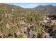 Aerial view of the residence surrounded by lush green trees and located in a mountain setting at 29089 Western Ln, Evergreen, CO 80439