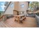 Inviting back deck with a wooden picnic table, stairs and seating perfect for outdoor dining at 29089 Western Ln, Evergreen, CO 80439