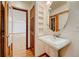 Bathroom with white sink, framed mirror, and hardwood floors at 458 S Downing St, Denver, CO 80209