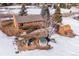 Aerial view of a backyard featuring a two-story home, shed, and a play set on a snow covered lot at 9019 Armadillo Trl, Evergreen, CO 80439