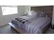 A well lit bedroom featuring a cozy bed, soft carpet, and a bright window at 1851 S Dunkirk St # 201, Aurora, CO 80017