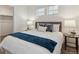 A bedroom with two windows with blinds and a doorway and a white queen bed with a blue blanket at 645 Flintwood Pl, Lafayette, CO 80026