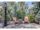Backyard area with a light post and two wood chairs, surrounded by lush greenery at 6054 S Akron Way, Greenwood Village, CO 80111