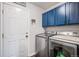 Efficient laundry room with stainless steel washer and dryer and dark blue cabinets for storage at 11681 Night Heron Dr, Parker, CO 80134