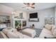 Open-concept living room with a fireplace, comfortable seating, and a mounted television at 11681 Night Heron Dr, Parker, CO 80134