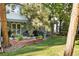 Landscaped backyard with covered patio and cozy seating area at 4505 S Yosemite St # 125, Denver, CO 80237