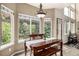 Bright dining area with a large window overlooking the backyard and a rustic dining table at 8410 S Oak St, Littleton, CO 80127