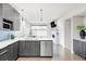 Modern kitchen opens to living space featuring a stone fireplace, sleek appliances, and ample lighting at 2435 S High St, Denver, CO 80210