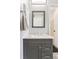 Bathroom vanity with granite countertop and modern fixtures, in a neutral gray palette at 9632 W Cornell Pl, Lakewood, CO 80227