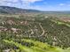 Expansive aerial showcasing the community, golf course, and mountain backdrop in this picturesque property at 6100 Apache Dr, Larkspur, CO 80118