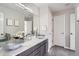 Modern bathroom with dual sinks, gray cabinets, and a marble countertop at 7119 S Riviera St, Aurora, CO 80016