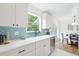 Bright kitchen showcasing a modern sink, white cabinets, decorative backsplash, and stainless steel dishwasher at 5445 Nebraska Way, Denver, CO 80246