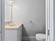 Powder room featuring a single vanity and toilet at 458 Cherry St, Hudson, CO 80642