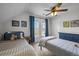 Shared bedroom featuring two twin beds, blue accents, and a ceiling fan at 3632 N Marion St, Denver, CO 80205