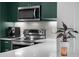 Modern kitchen featuring stainless steel appliances, white backsplash, countertops, and dark green cabinets at 3632 N Marion St, Denver, CO 80205