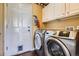 Laundry room with modern washer and dryer, white cabinets, and back door at 1179 S Fultondale Cir, Aurora, CO 80018
