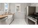 Clean kitchen featuring butcher block countertops, shaker cabinets, and stainless steel appliances at 3320 N Columbine St, Denver, CO 80205