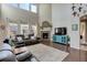 Spacious living room with vaulted ceilings, fireplace, and large windows at 2454 Ambience Ln, Castle Rock, CO 80109