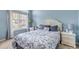Charming bedroom features a bed with a patterned duvet, a large window, and blue walls at 4013 S Carson St # C, Aurora, CO 80014