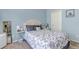 Comfortable bedroom featuring a patterned duvet, side table, and soft blue walls at 4013 S Carson St # C, Aurora, CO 80014