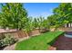 Lush backyard featuring a healthy lawn, privacy fence, mature trees, and landscaping elements at 4821 Bluegate Dr, Highlands Ranch, CO 80130
