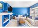 Bright living room featuring a cozy fireplace, plush sofas, and blue accent wall for a comfortable living space at 209 W Jamison Cir # 32, Littleton, CO 80120