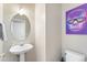 Unique powder room featuring a pedestal sink, oval mirror, and eye-catching wall art at 209 W Jamison Cir # 32, Littleton, CO 80120