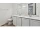 Bathroom featuring double sinks with new fixtures and bright lighting, in a renovated space at 19040 E 96Th Pl, Commerce City, CO 80022