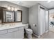 Bathroom features a framed mirror, modern vanity, toilet, and tiled shower with glass door at 345 Fillmore # 407, Denver, CO 80206