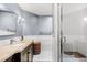 Bathroom with vanity sink, stylish mirror, and tiled glass door shower at 1350 E Greenwood Ln, Greenwood Village, CO 80121