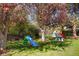 Charming backyard play area featuring a slide, playhouse, and beautiful blooming trees, perfect for Gathering fun and outdoor activities at 8276 E Easter Pl, Centennial, CO 80112