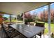 Relaxing covered patio featuring a table, chairs, and a comfortable outdoor seating area with views of the well-maintained backyard at 8276 E Easter Pl, Centennial, CO 80112