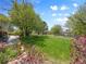 Spacious backyard featuring green grass, mature trees, and garden beds at 6490 S Pontiac Ct, Centennial, CO 80111