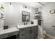 Bathroom featuring a gray vanity and drawers with stylish shelving, and a modern mirror and lighting at 5049 Heatherglen Dr, Highlands Ranch, CO 80130