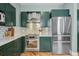 Contemporary kitchen showcasing stainless steel appliances, green cabinets, and pristine white countertops at 1243 N Lafayette St, Denver, CO 80218